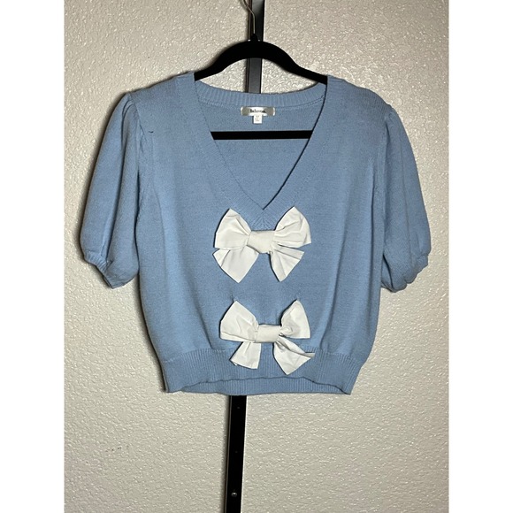 lalavon Knit Top Medium Blue Bow Puff Sleeve V Neck Cropped Sweater - Picture 1 of 5